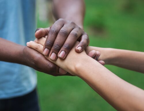 Black caregiver supporting woman hand in park Black caregiver supporting woman hand in park