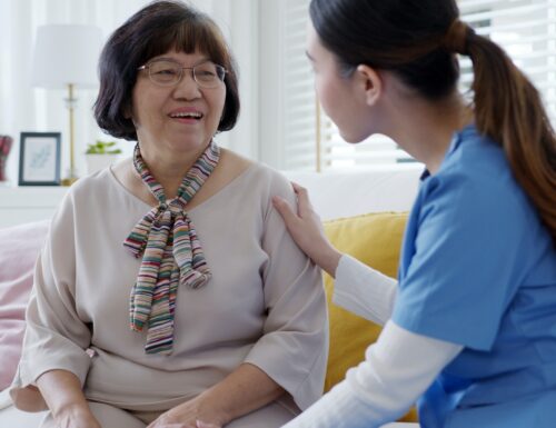 nurse home care hand on senior grandmother shoulder give support empathy
